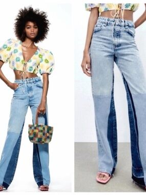Zara Two Tone Wide Leg Jeans Sz 4 Color Block Raw Hem Light/Dark Wash